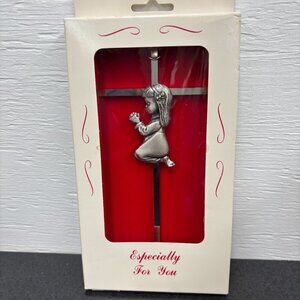 Vintage Silver Girl Wall Cross Infant Blessing Baby Plaque Wall Décor Hanging